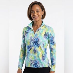 IBKUL Women's Long Sleeve Tee - Blue and Yellow Pattern